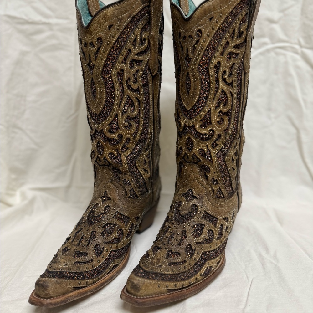 Women's Glitter Embellished Brown Western Heeled Boots